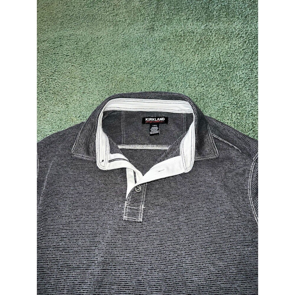 Kirkland Signature Polo Shirt Mens L Gray WStriped Short Sleeve Collared Button